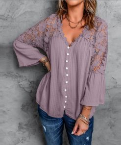 Womens Solid Color V Stitching Breasted Flared Sleeve Top
