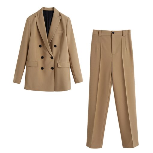Autumn Womens Double-Breasted Professional Blazer With Stitching Decoration Drape Pants - Image 4