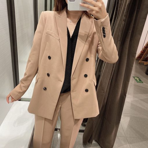 Autumn Womens Double-Breasted Professional Blazer With Stitching Decoration Drape Pants - Image 3