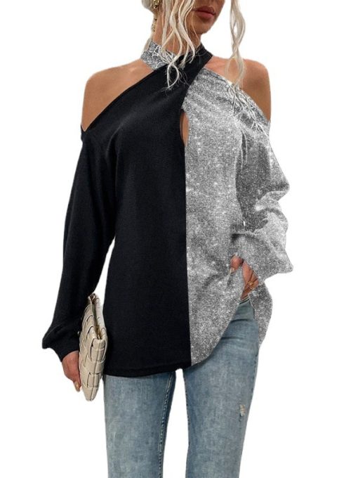 European And American Womens Halter Neck Straps Strapless Long Sleeved Blouse - Image 5