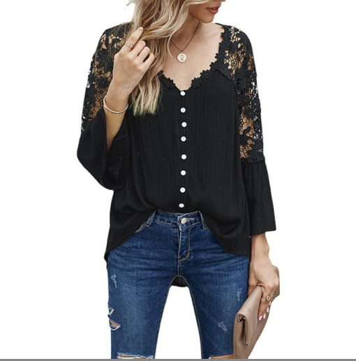 Womens Solid Color V Stitching Breasted Flared Sleeve Top - Image 4
