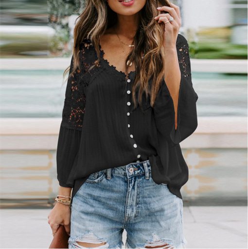 Womens Solid Color V Stitching Breasted Flared Sleeve Top - Image 6