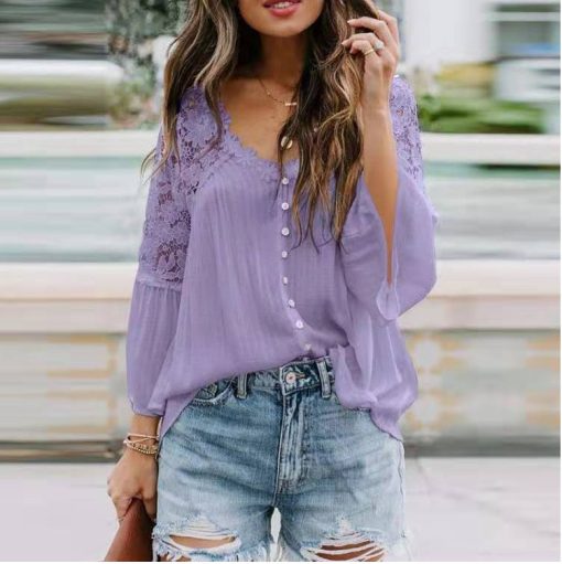 Womens Solid Color V Stitching Breasted Flared Sleeve Top - Image 5
