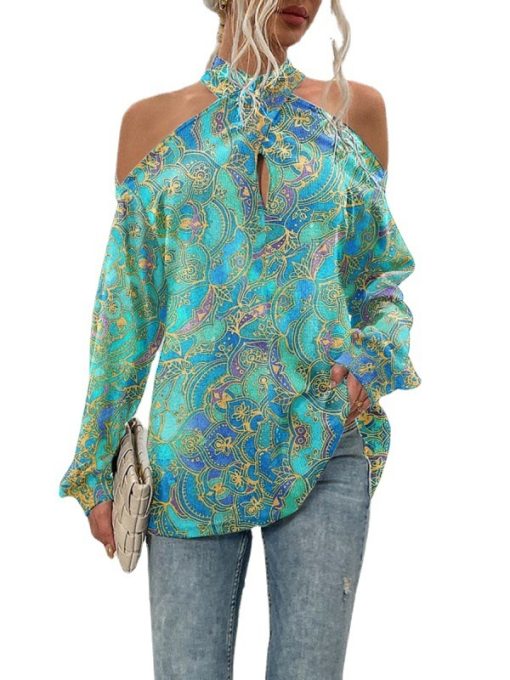 European And American Womens Halter Neck Straps Strapless Long Sleeved Blouse - Image 2