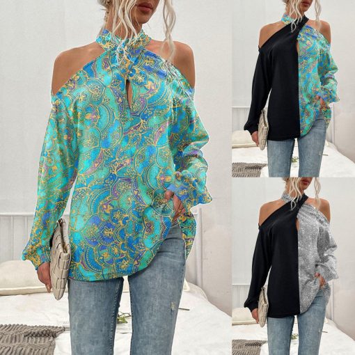 European And American Womens Halter Neck Straps Strapless Long Sleeved Blouse - Image 3