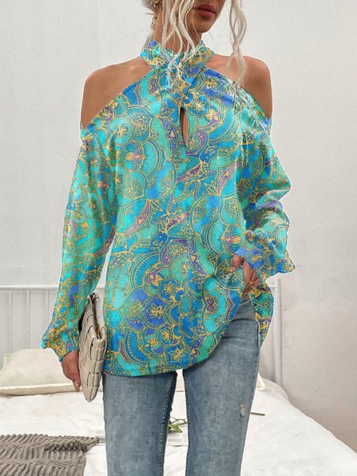 European And American Womens Halter Neck Straps Strapless Long Sleeved Blouse - Image 4