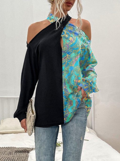 European And American Womens Halter Neck Straps Strapless Long Sleeved Blouse