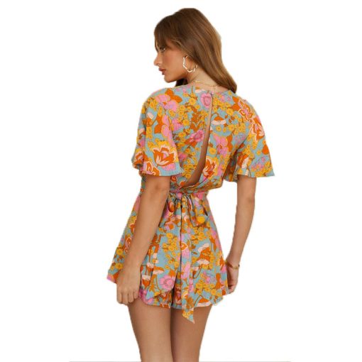 Temperament Simple V Neck Short Sleeve Tie Rope Print Jumpsuit Womens - Image 2