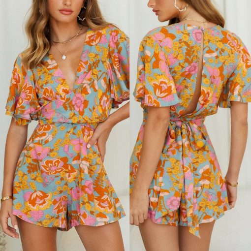 Temperament Simple V Neck Short Sleeve Tie Rope Print Jumpsuit Womens - Image 4