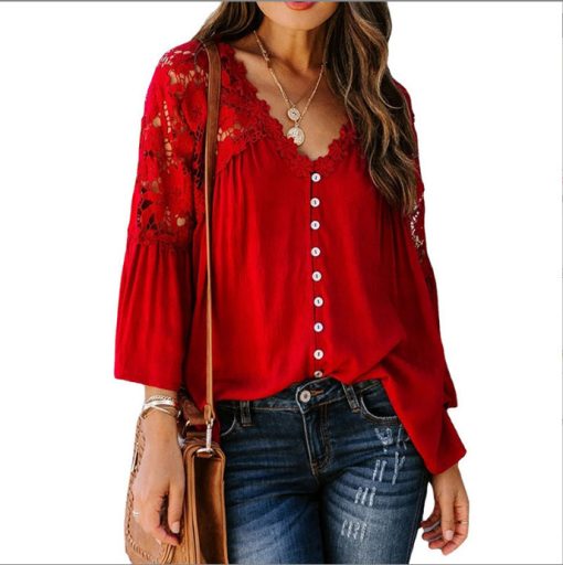 Womens Solid Color V Stitching Breasted Flared Sleeve Top - Image 2
