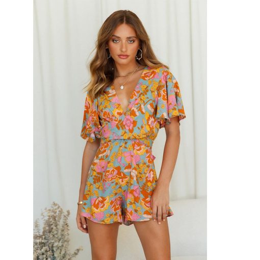Temperament Simple V Neck Short Sleeve Tie Rope Print Jumpsuit Womens - Image 3