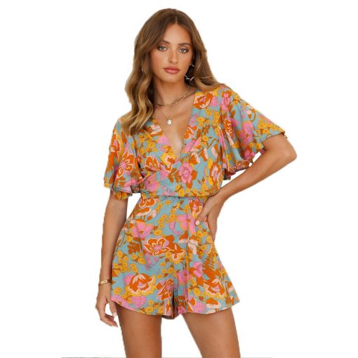Temperament Simple V Neck Short Sleeve Tie Rope Print Jumpsuit Womens