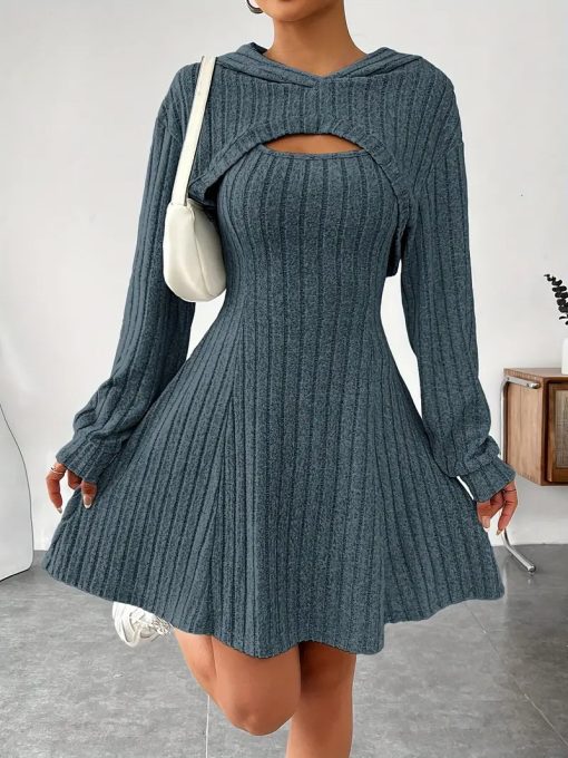 New Fashion Fall Winter Hooded Shawl Long-sleeved Vest Short Skirt Two-piece Set - Image 3