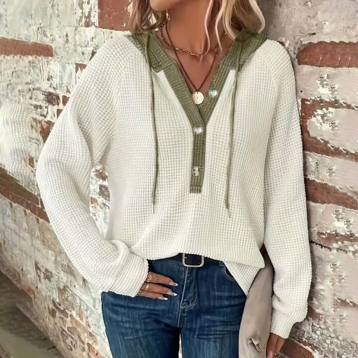 Women's Solid Color Waffle Hooded Button Loose Long Sleeve Sweatershirt - Image 8