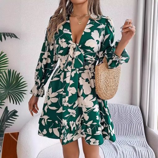 Women's Casual Flower Half Sleeve Ruffled A-line Dress - Image 3