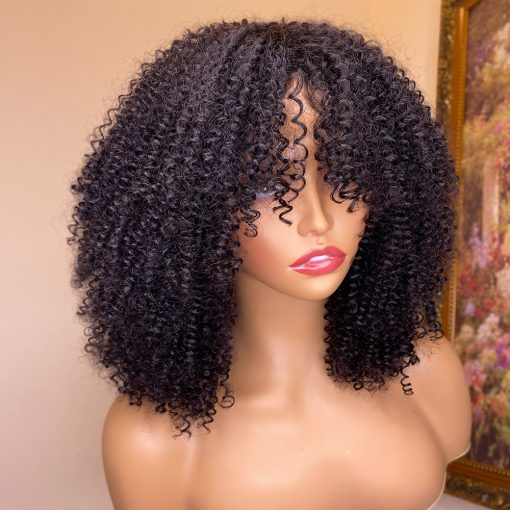 Kinky Curly Human Hair Wigs With Bangs - Image 5