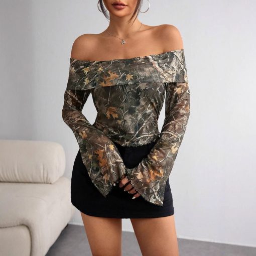 Mesh Printed Off-shoulder Long Sleeved Fitted T-shirt Top - Image 5
