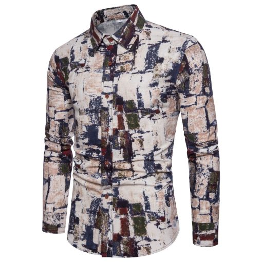 Men Long Sleeve Cotton Flower Shirt - Image 4