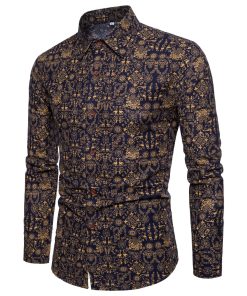 Men Long Sleeve Cotton Flower Shirt
