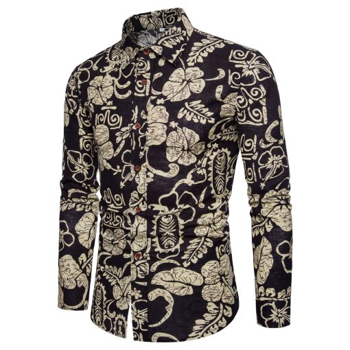 Men Long Sleeve Cotton Flower Shirt - Image 2