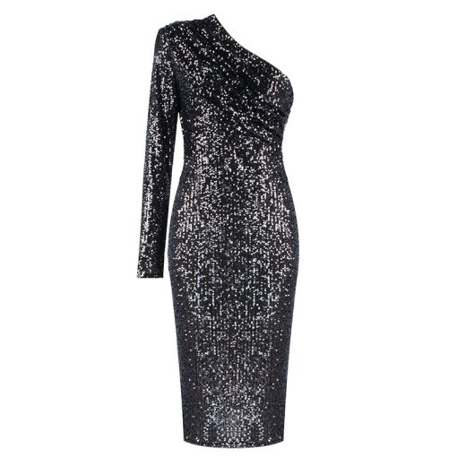 One-shoulder Dress Oblique Collar Wrapped Chest Evening Dress Fashion Sequins Nightclub Sexy - Image 4