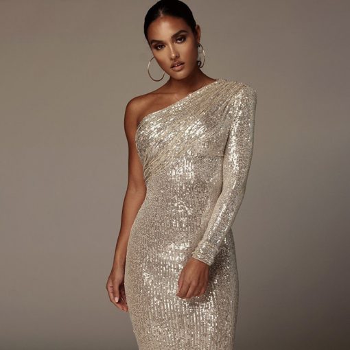 One-shoulder Dress Oblique Collar Wrapped Chest Evening Dress Fashion Sequins Nightclub Sexy - Image 7