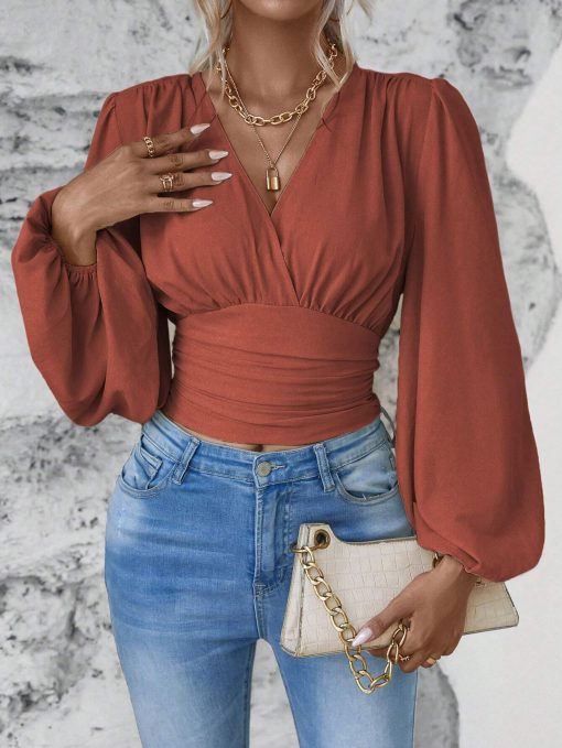 V-neck Sleeve Solid Color Pleated Women's Long-sleeved Top - Image 2
