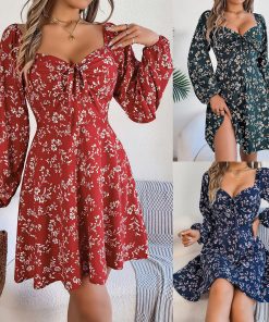 Casual Lace Up Square Collar Floral Print Long Sleeve A- Line Dress