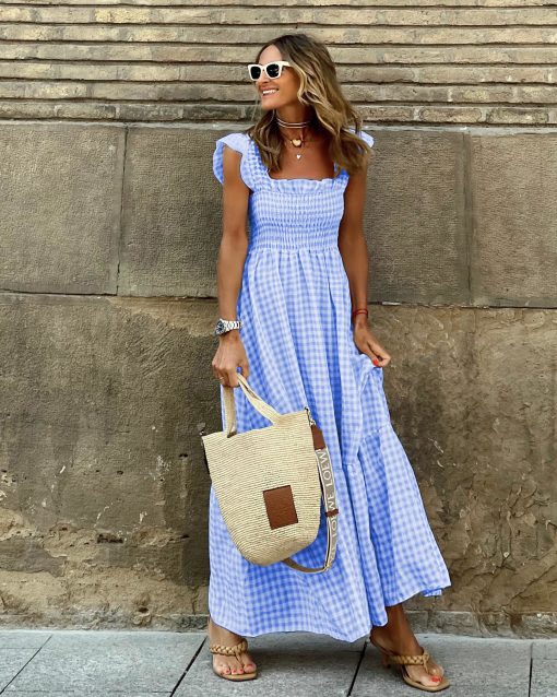 Summer Plaid Print Pleated Ruffle Dress INS Fashion Sleeveless A-line Swing Beach Dress Women's Clothing - Image 5