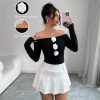 3D Floral Off-the-shoulder Off-neck Slim-fit Long-sleeved T-shirt