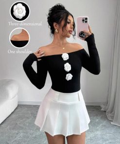 3D Floral Off-the-shoulder Off-neck Slim-fit Long-sleeved T-shirt