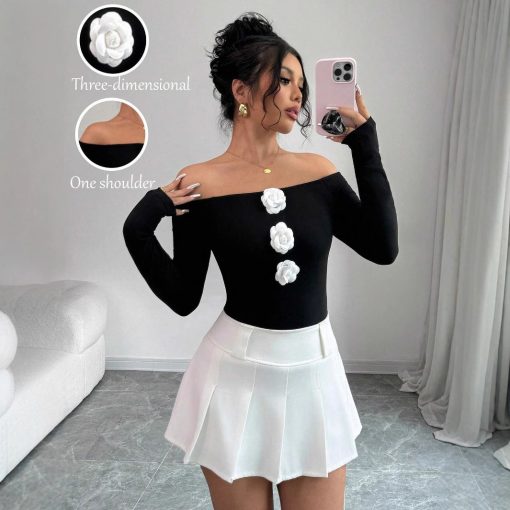 3D Floral Off-the-shoulder Off-neck Slim-fit Long-sleeved T-shirt
