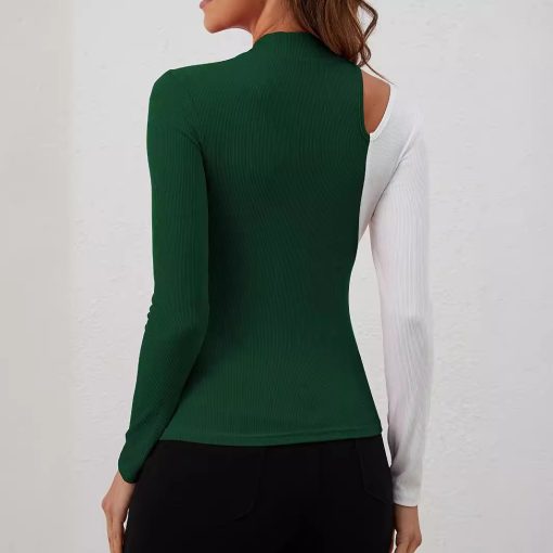 Color Contrast Patchwork Small Stand Collar T-shirt Slim Long Sleeve Top - Image 2