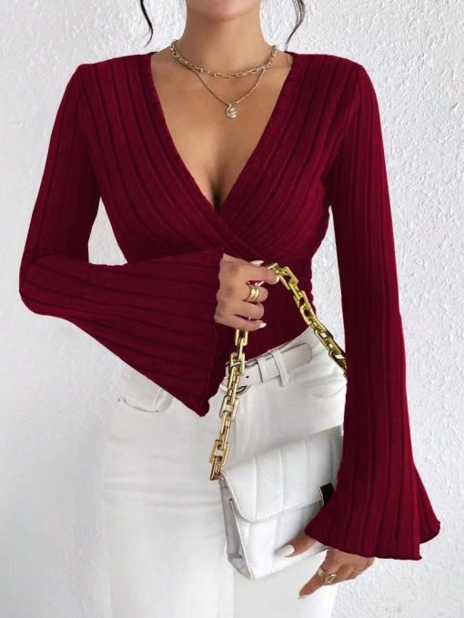 Women's Autumn And Winter Rib Sunken Stripe V-neck Flared Slim-fit Long Sleeve T-shirt Elegant Women's Top - Image 10