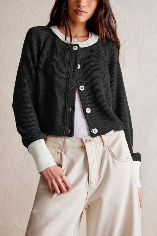 Women's Contrast Color Round Neck Knitwear Single Row Button Coat - Image 6