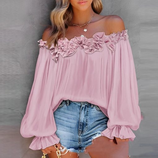 Casual Blouses Shoulder Off-Shoulder Long Sleeve Top Lotus Leaf Sleeve Shirt Loose Women's Clothing - Image 5