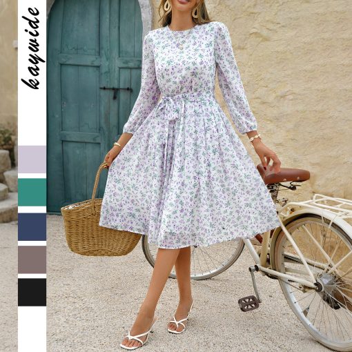 European And American Leisure Vacation Style Polka Dot Long Sleeve Maxi Dress - Image 5