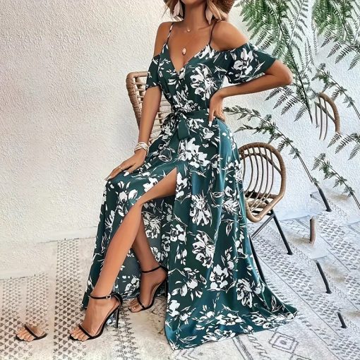 Women's Floral Maxi Dress Cold Shoulder Split Belted A Line Long Summer Dress - Image 4