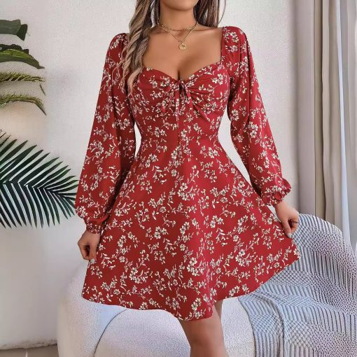 Casual Lace Up Square Collar Floral Print Long Sleeve A- Line Dress - Image 6