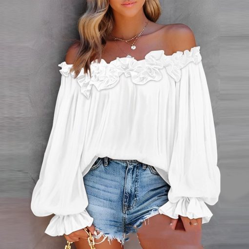 Casual Blouses Shoulder Off-Shoulder Long Sleeve Top Lotus Leaf Sleeve Shirt Loose Women's Clothing - Image 2