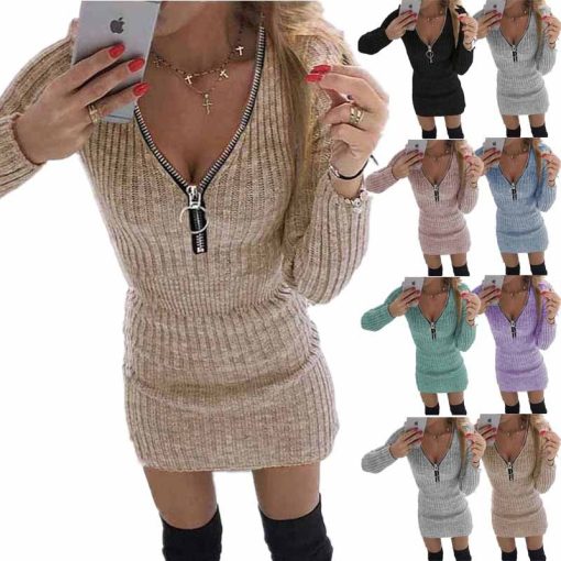 Zip Waist Long Sleeved Knitted Hip Dress - Image 2