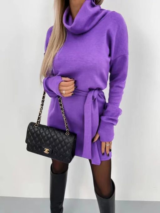 High Collar Belt Fashion Long Sleeve Skirt - Image 6