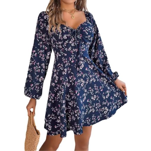 Casual Lace Up Square Collar Floral Print Long Sleeve A- Line Dress - Image 5