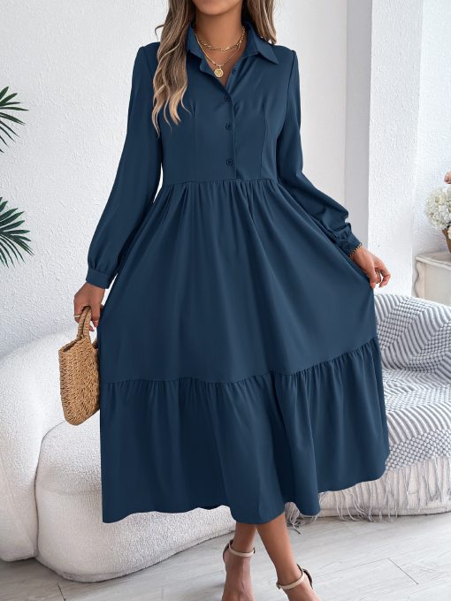 Lapel Casual Loose Long Sleeve Ruffled Shirt Dress - Image 9