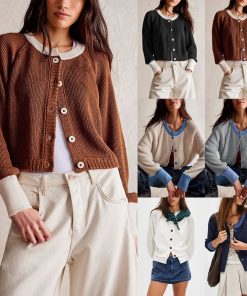 Women's Contrast Color Round Neck Knitwear Single Row Button Coat