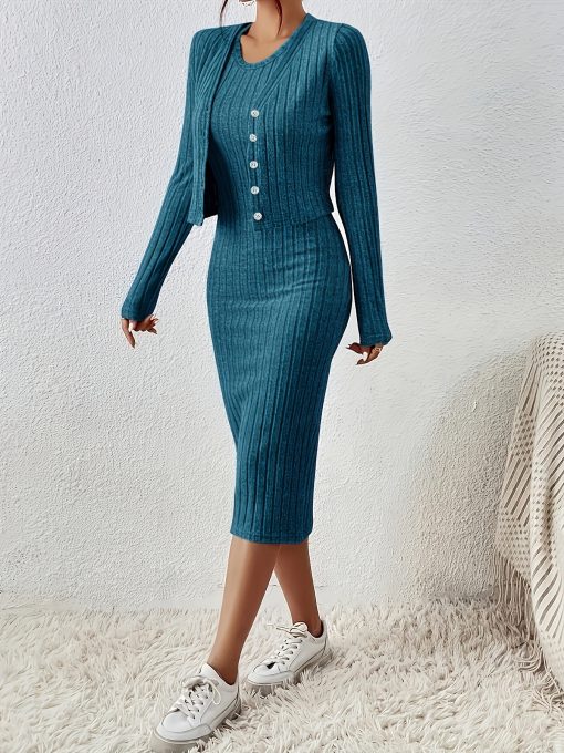 Front Button Cropped Top And Slim Fit Dress - Image 9