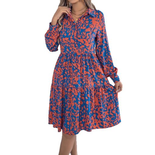 Casual Loose Contrast Color Leopard-print Long-sleeved Shirt Dress - Image 8