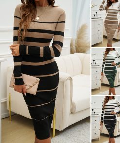 European And American Autumn And Winter Temperament Slim-fit Contrast Colors Long Sleeve Dress