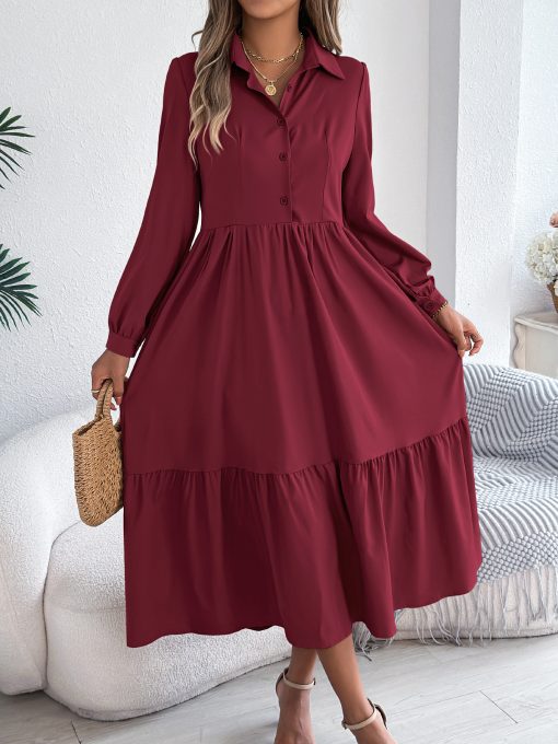 Lapel Casual Loose Long Sleeve Ruffled Shirt Dress - Image 6