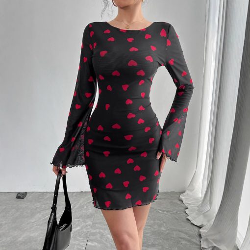 Heart Printing Flare Sleeve Backless Mesh Dress - Image 6